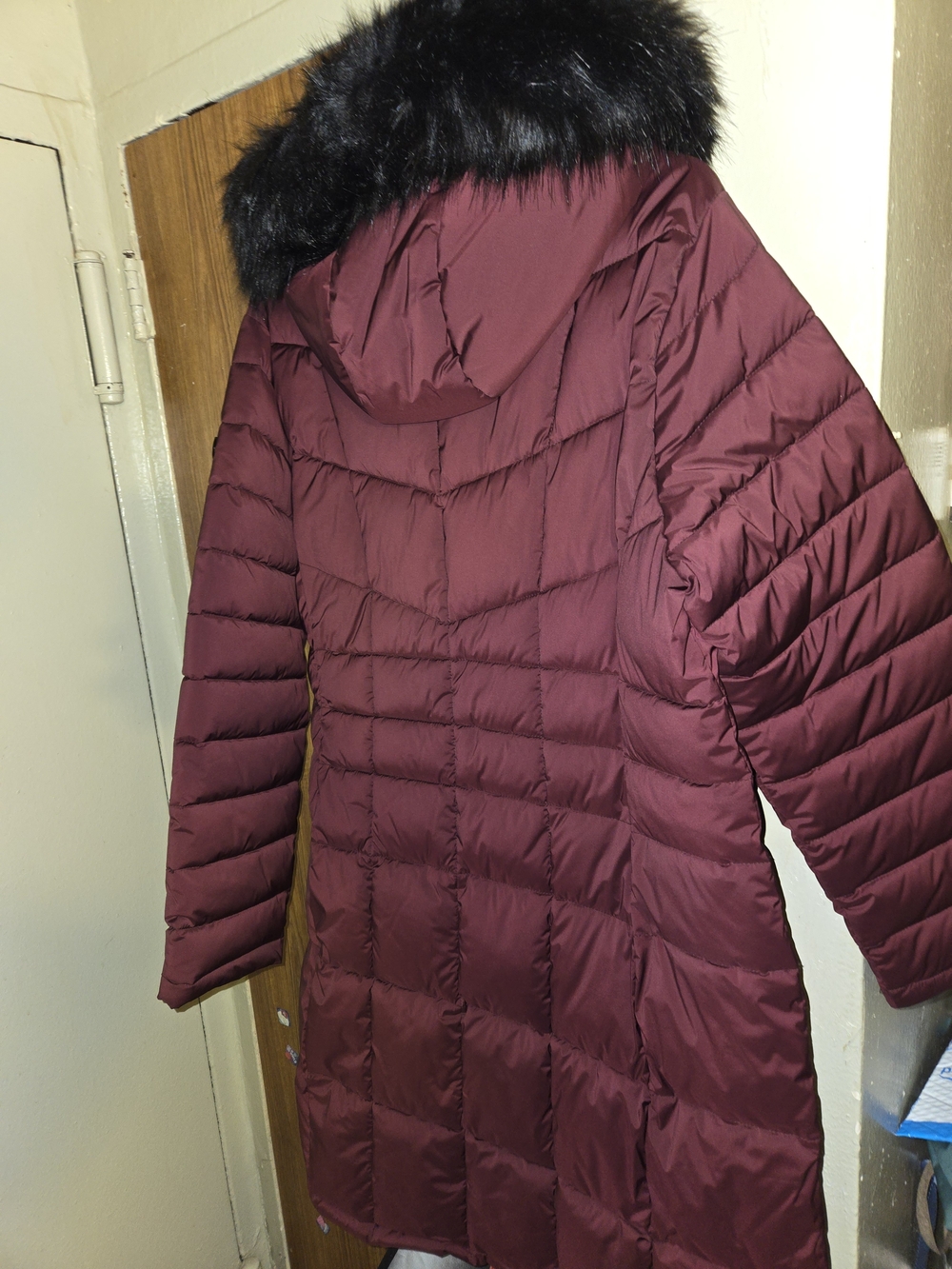 Calvin Klein Long Quilted Hooded Puffer Coat with Faux Fur Trim - Burgundy